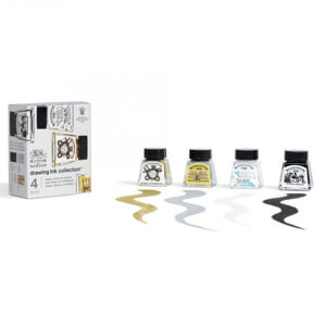 Winsor and Newton Drawing Ink Collection Set of 4 Metallic White Black